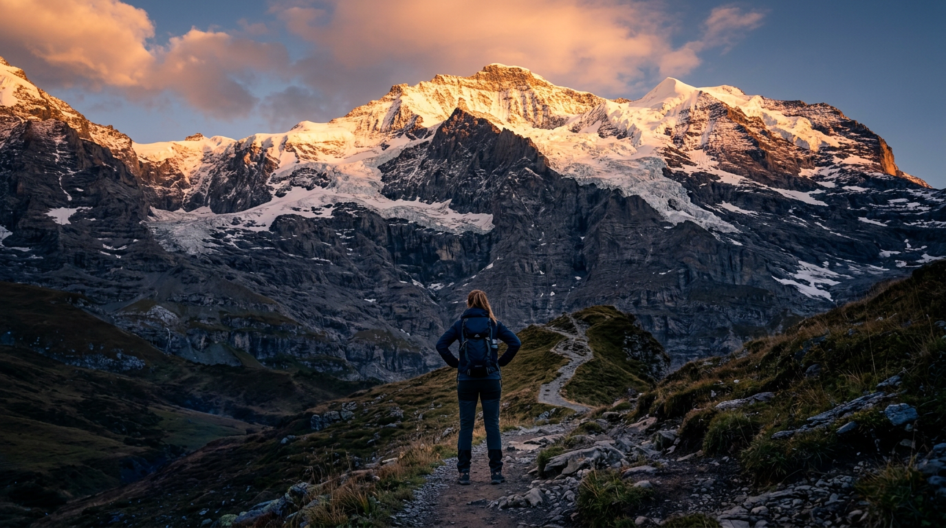 Determined person standing before massive mountain at dawn ready to climb. Determined person standing before massive mountain at dawn ready to climb.