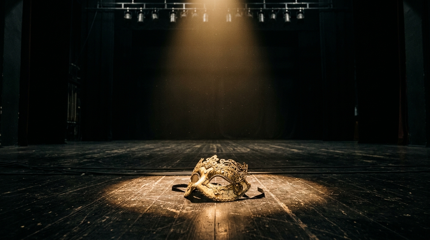 A beautiful mask lying on a dark stage, symbolizing the difference between someone's public persona and their true character.