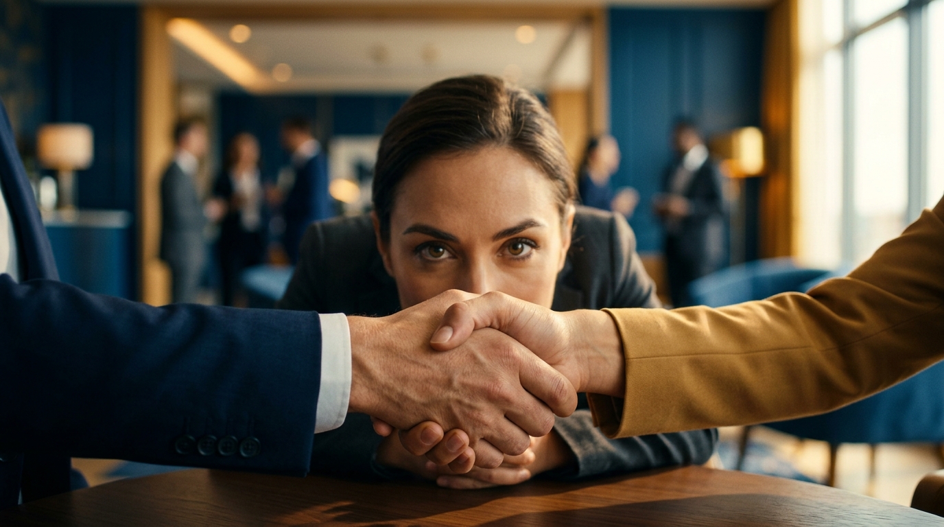 A close-up of a handshake with focus on the watching eyes behind it, symbolizing the importance of judging character over charm.