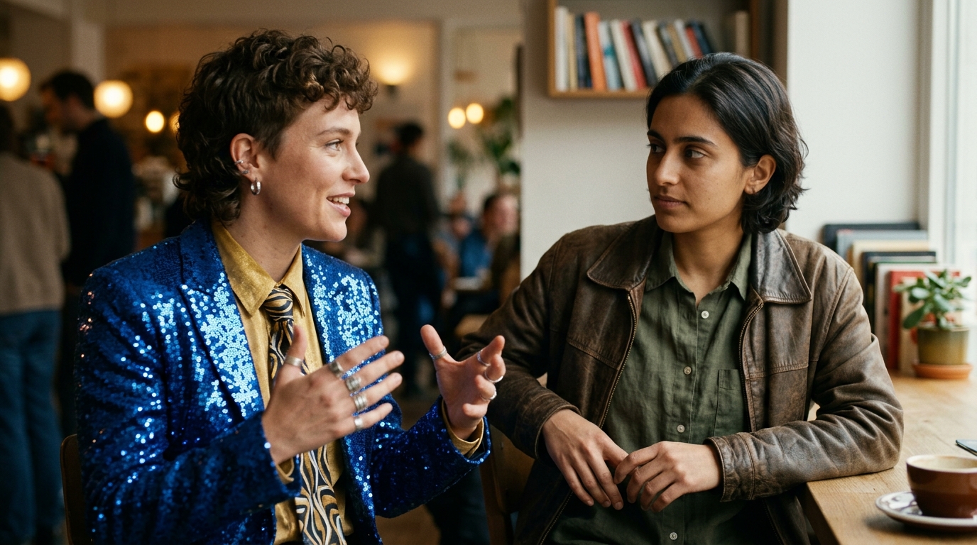 Two people in conversation, one flashy and one quiet, symbolizing the difference between charm and character.