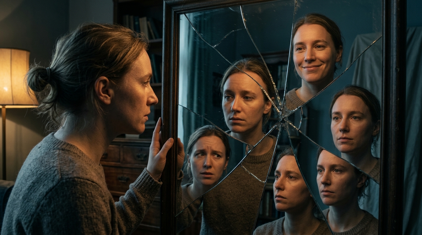 A person looking into a cracked mirror with fragmented reflections, symbolizing the self-awareness needed to break negative relationship patterns.