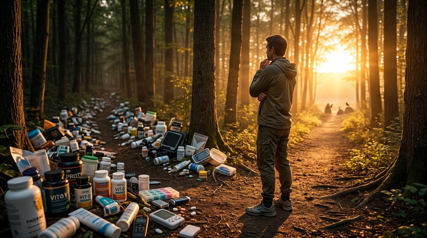 Person at a crossroads choosing between a cluttered path and a simple path toward sunrise Person at a crossroads choosing between a cluttered path and a simple path toward sunrise