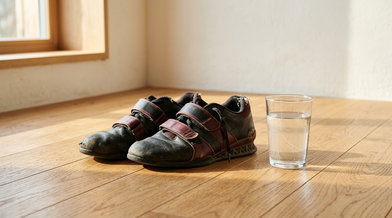 Simple morning setup with workout shoes and water representing foundational health habits Simple morning setup with workout shoes and water representing foundational health habits