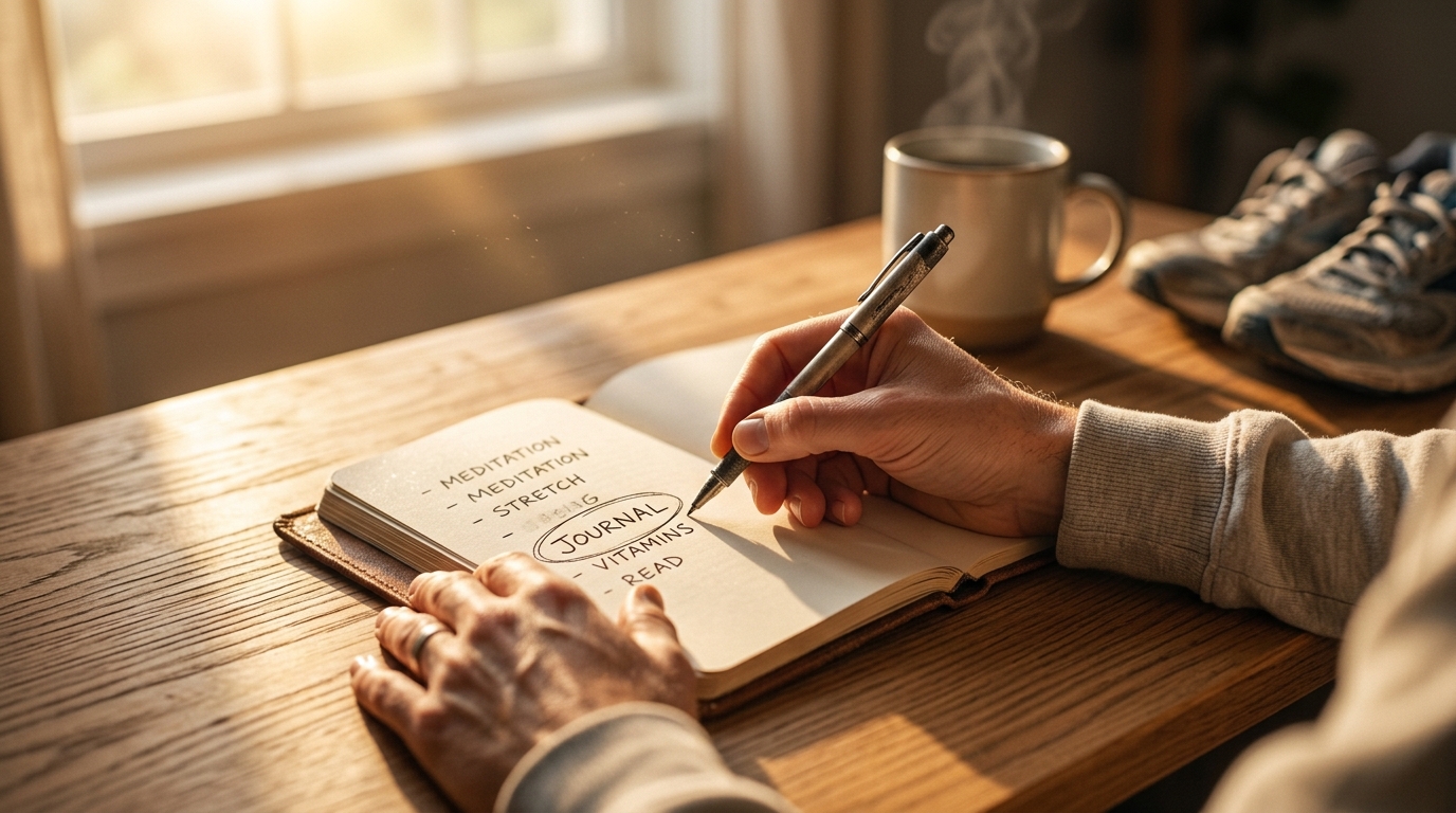Hands journaling a single priority at a sunlit desk with coffee and running shoes nearby Hands journaling a single priority at a sunlit desk with coffee and running shoes nearby