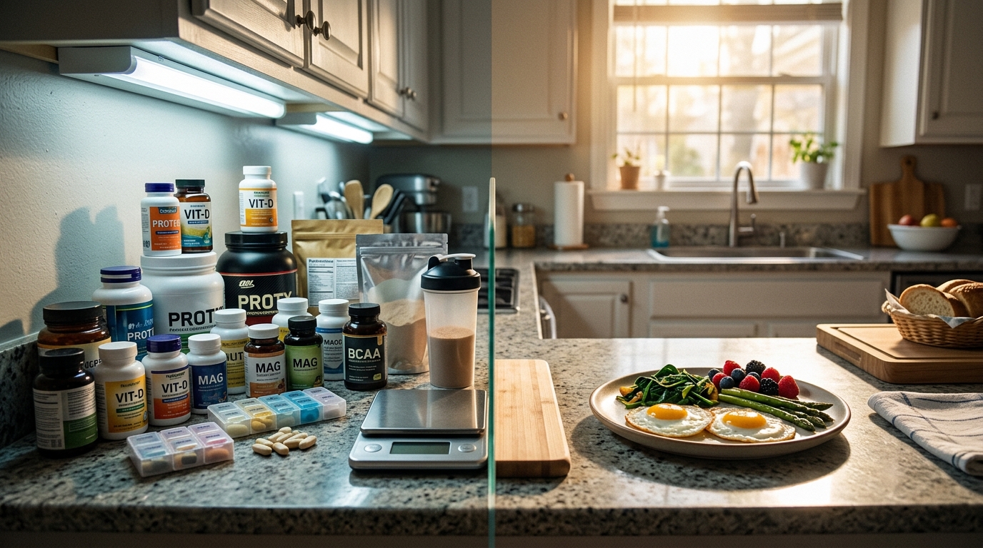 Comparison of supplement bottles versus whole foods on a kitchen counter Comparison of supplement bottles versus whole foods on a kitchen counter