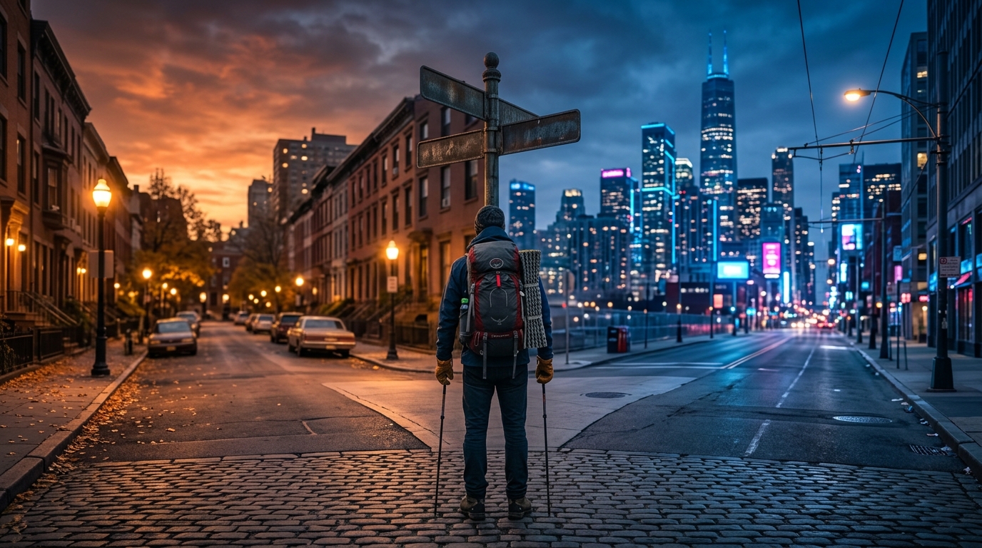 Person at a city crossroads at dusk choosing between the familiar and the unknown. Person at a city crossroads at dusk choosing between the familiar and the unknown.