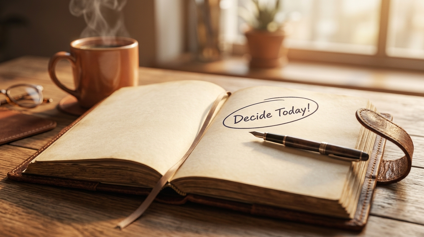Open journal and coffee on a desk in morning light, ready for reflection and change. Open journal and coffee on a desk in morning light, ready for reflection and change.