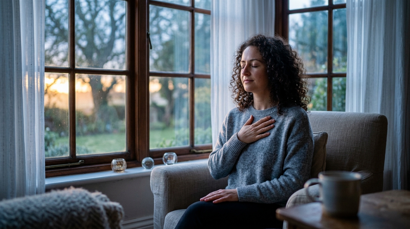 Person sitting quietly by a window at dawn with hand on chest, listening to their heart. Person sitting quietly by a window at dawn with hand on chest, listening to their heart.