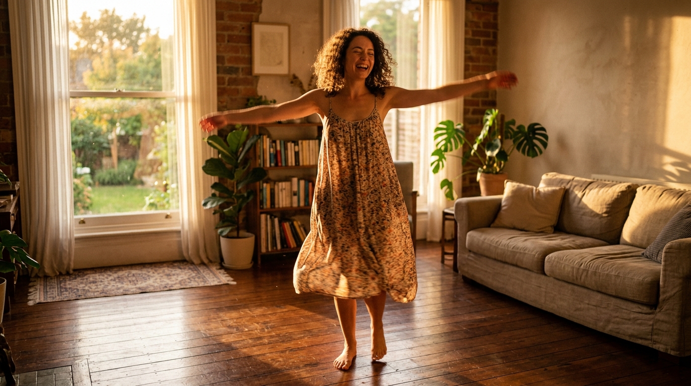 Person dancing alone in a sunlit living room, expressing joy and energy. Person dancing alone in a sunlit living room, expressing joy and energy.