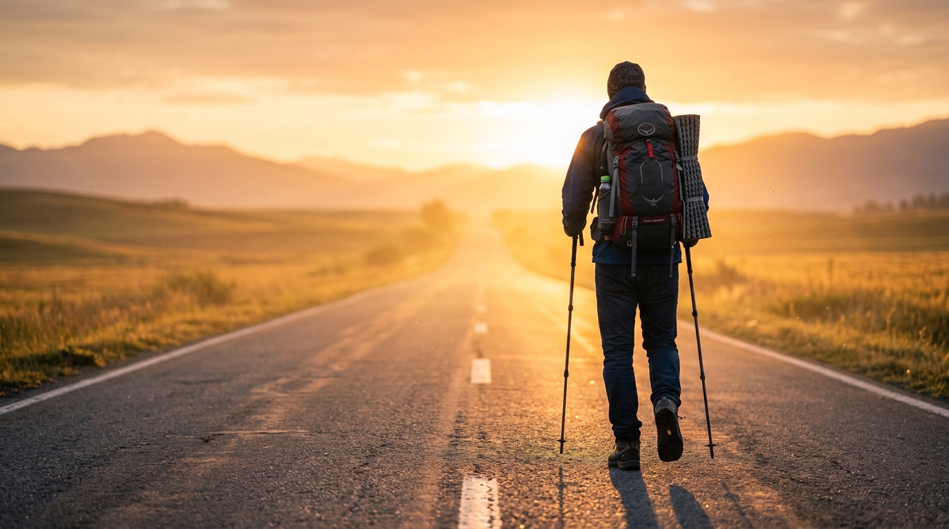 Person walking confidently toward a sunrise on an open road, symbolizing forward motion and new beginnings. Person walking confidently toward a sunrise on an open road, symbolizing forward motion and new beginnings.