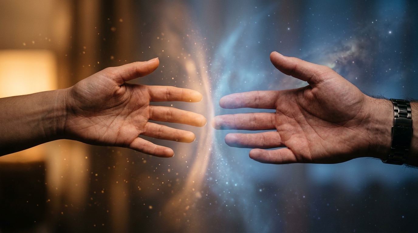 Two hands reaching toward each other symbolizing connection beyond death. Two hands reaching toward each other symbolizing connection beyond death.