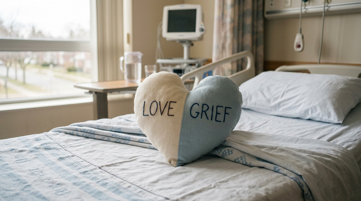 Heart pillow with love and grief representing two sides of loss. Heart pillow with love and grief representing two sides of loss.