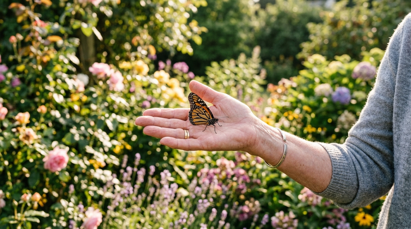 Butterfly landing on open hand symbolizing signs from lost loved ones. Butterfly landing on open hand symbolizing signs from lost loved ones.