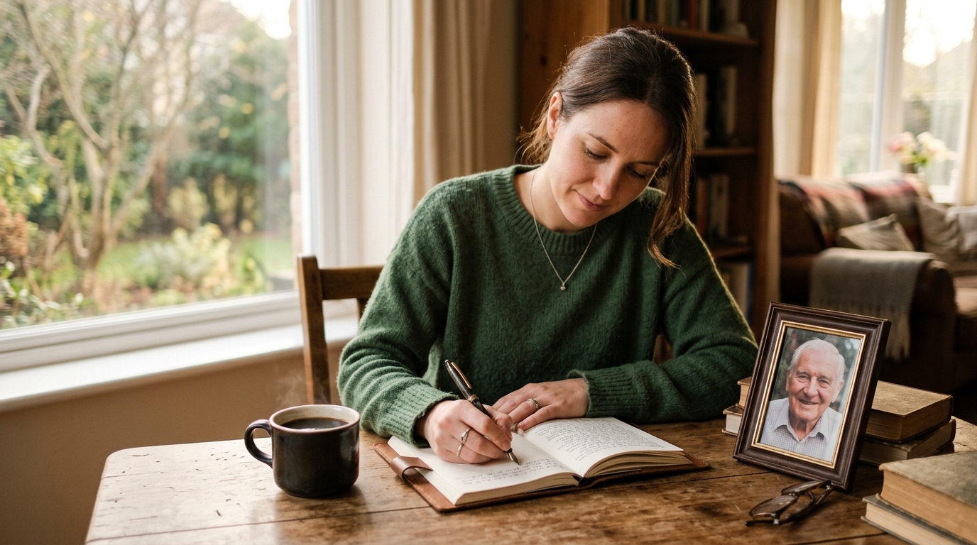 Person journaling with photo of loved one honoring grief through connection. Person journaling with photo of loved one honoring grief through connection.