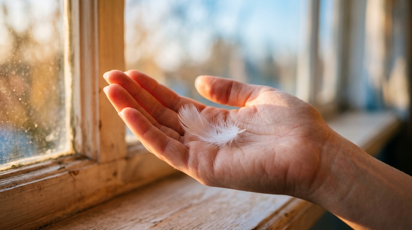 Hand holding a white feather in morning light, symbolizing connection with passed loved ones.