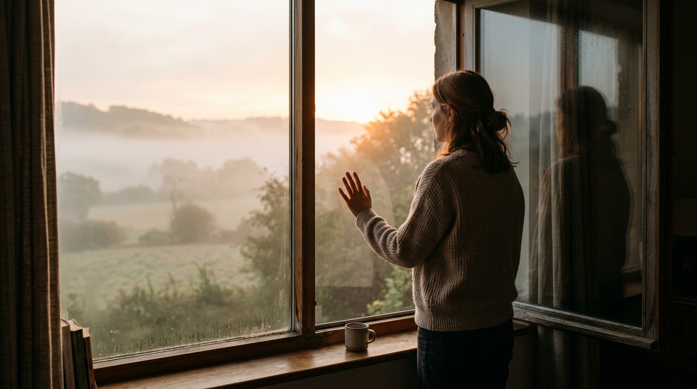 Person looking out window at dawn, contemplating connection and next steps.