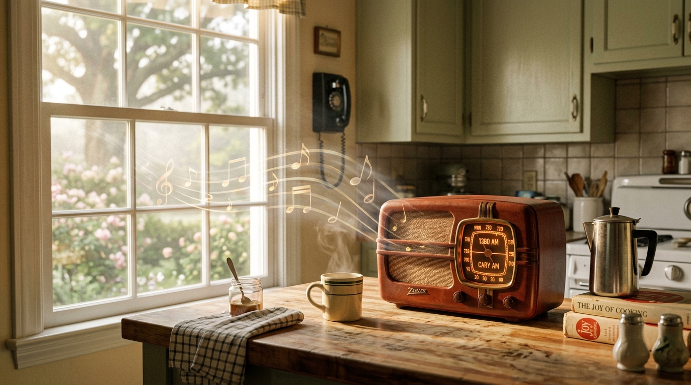 Vintage radio in morning light, representing songs on the radio as signs from spirit.