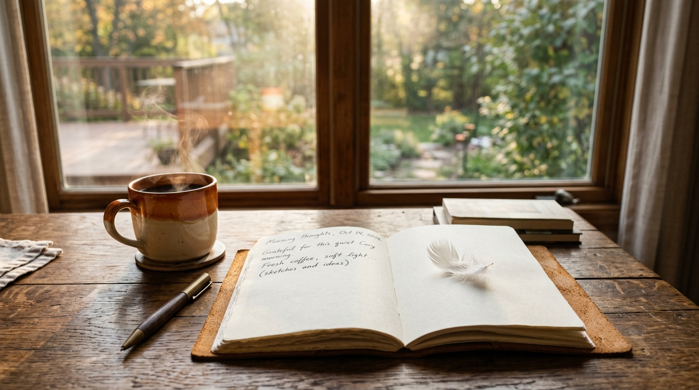 Open journal with pen and coffee, ready for logging signs and synchronicities.
