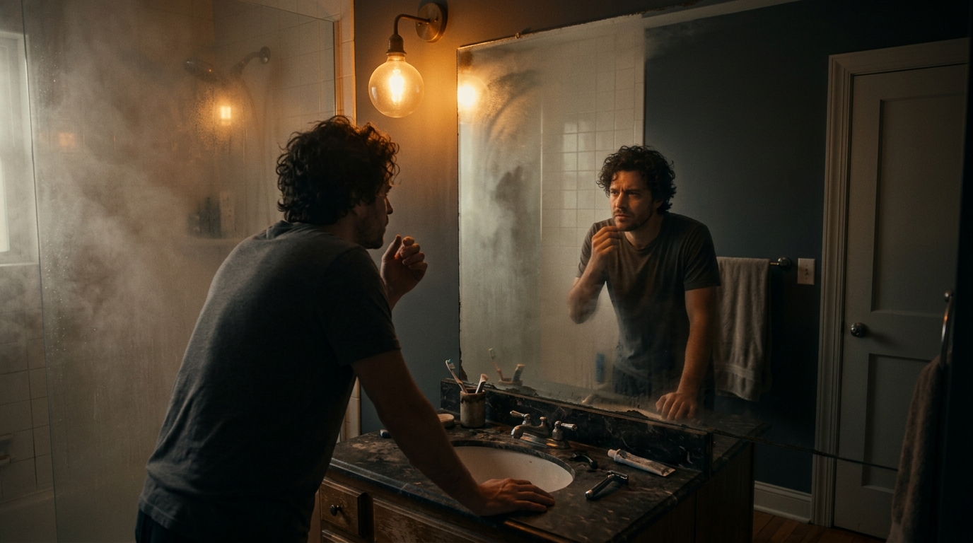 Person looking into a bathroom mirror at dawn, caught in a moment of honest self-confrontation. Person looking into a bathroom mirror at dawn, caught in a moment of honest self-confrontation.