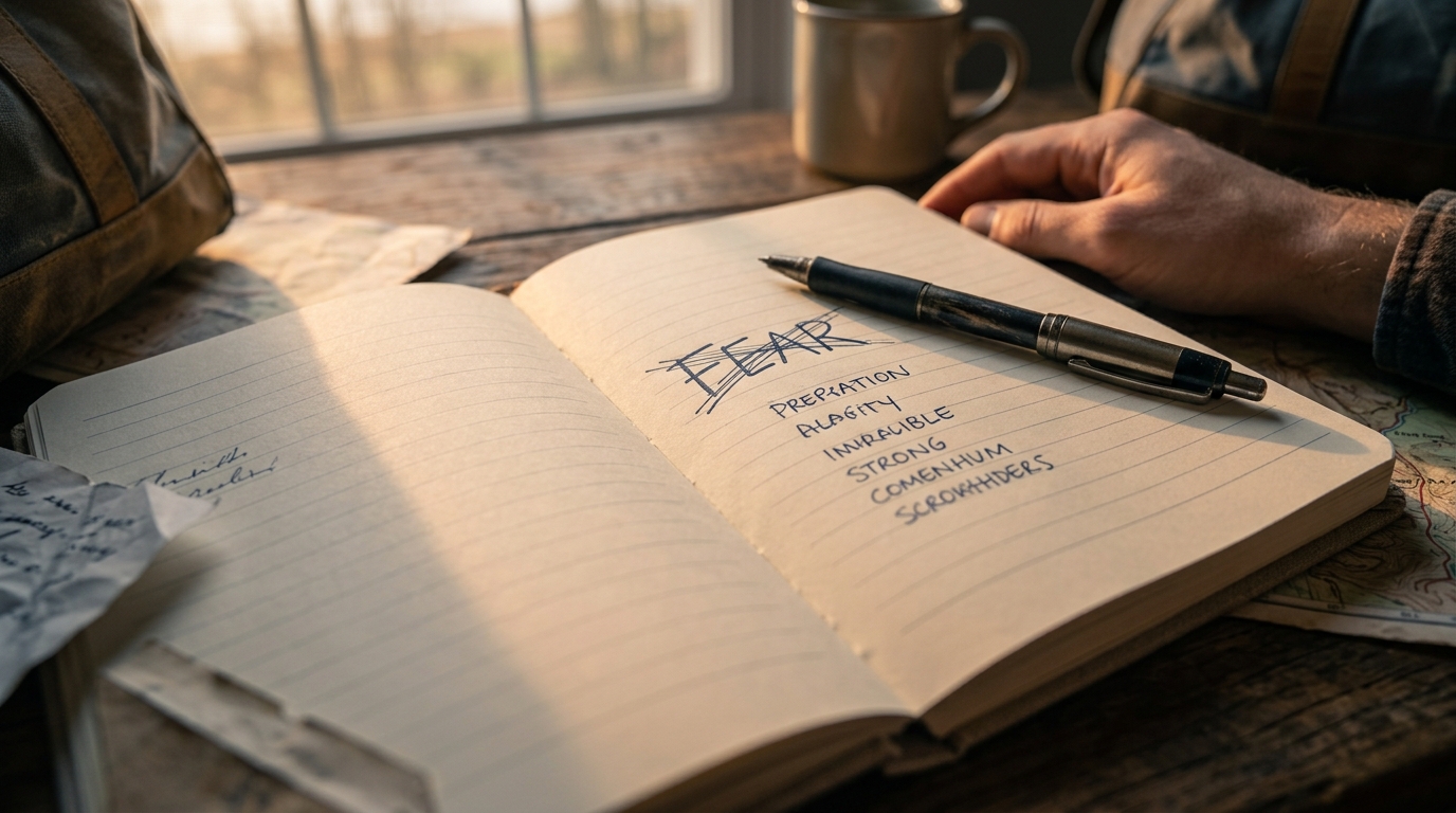 Open notebook with the word fear crossed out and replaced by its antonyms, symbolizing a deliberate mindset shift. Open notebook with the word fear crossed out and replaced by its antonyms, symbolizing a deliberate mindset shift.