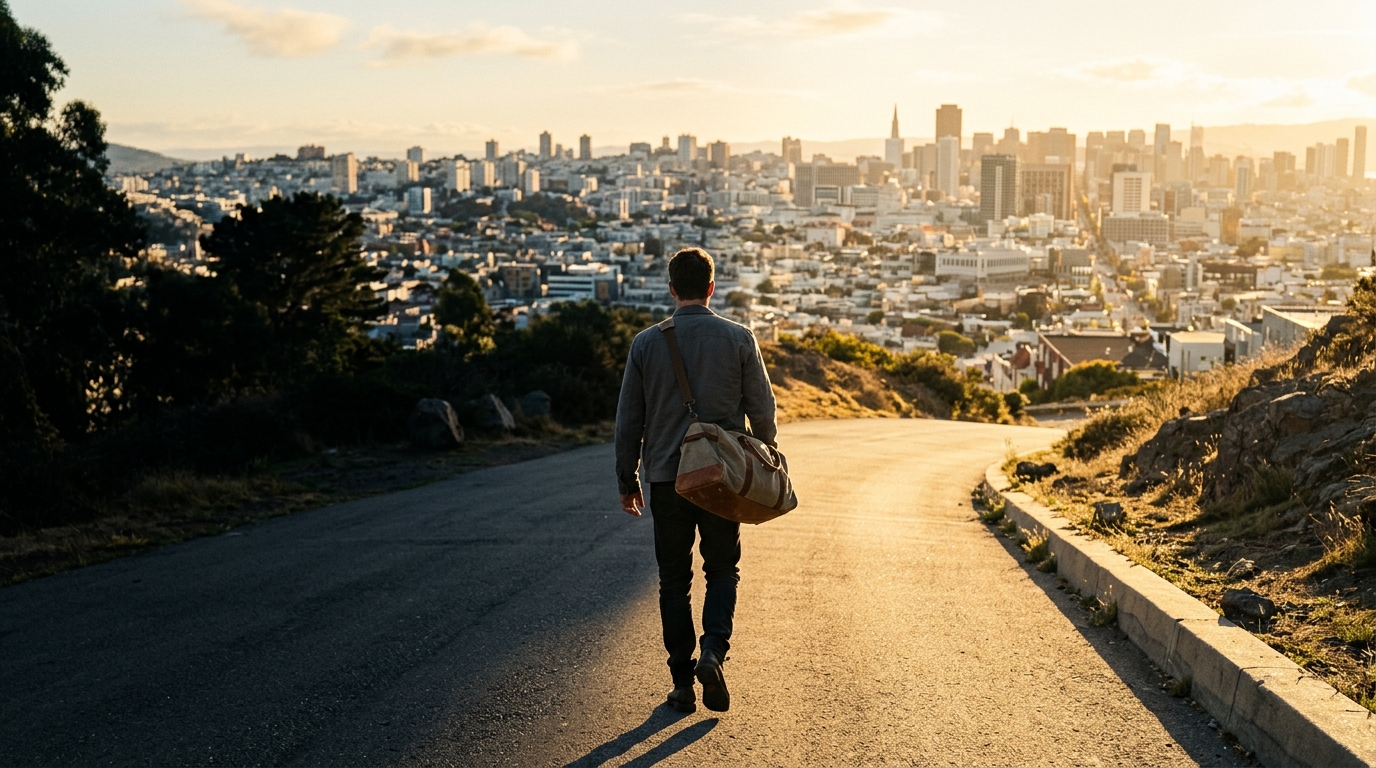 Person walking away from a shadowed city street toward a bright, steep path at sunrise, symbolizing forward motion and ownership. Person walking away from a shadowed city street toward a bright, steep path at sunrise, symbolizing forward motion and ownership.