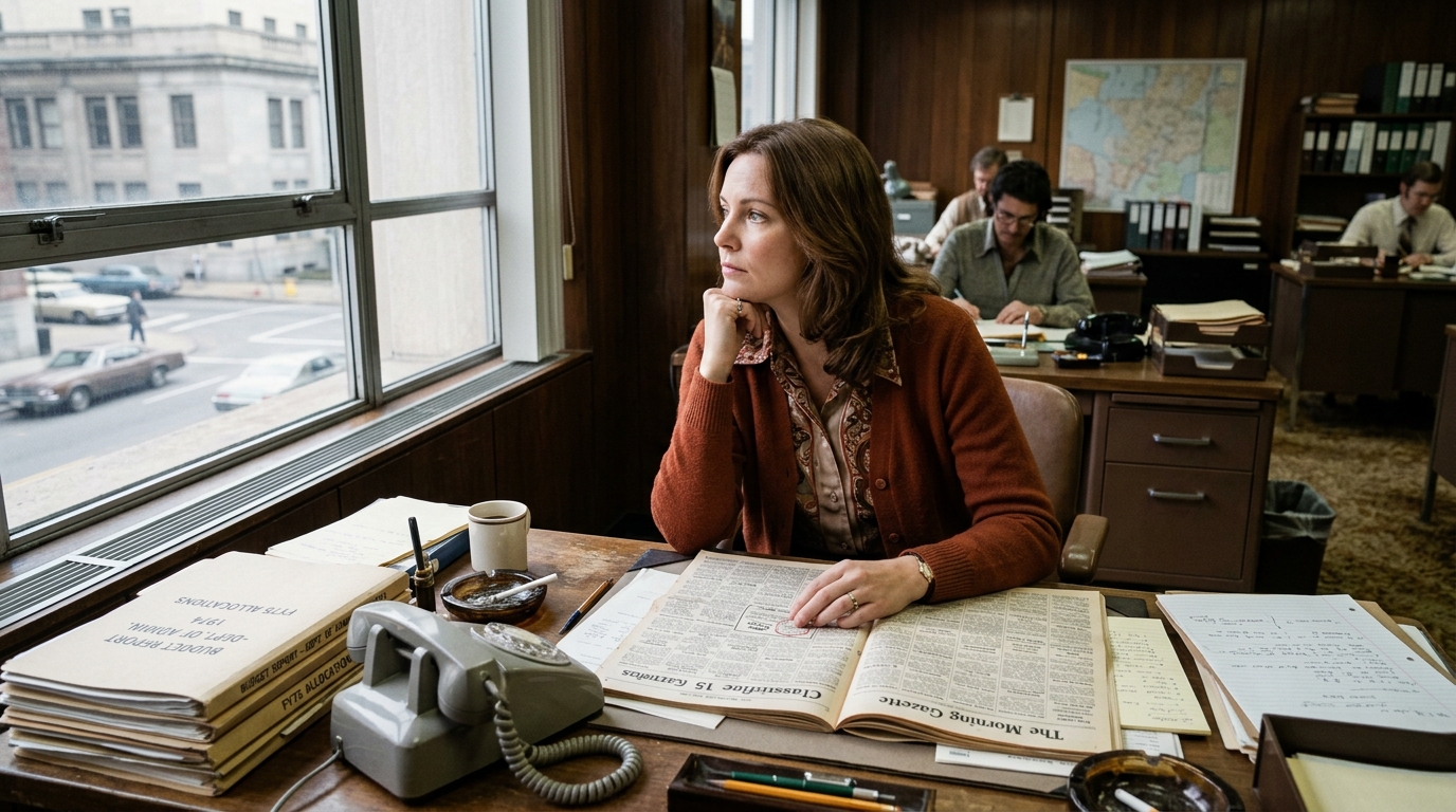 A young woman at a government desk in the 1970s, reading a newspaper ad that would change her life. A young woman at a government desk in the 1970s, reading a newspaper ad that would change her life.