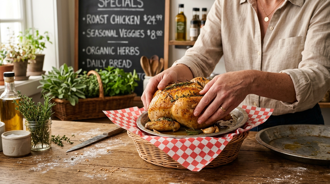 Hands arranging roasted chicken in a checkered basket at a specialty food store, symbolizing reinvention and new beginnings. Hands arranging roasted chicken in a checkered basket at a specialty food store, symbolizing reinvention and new beginnings.