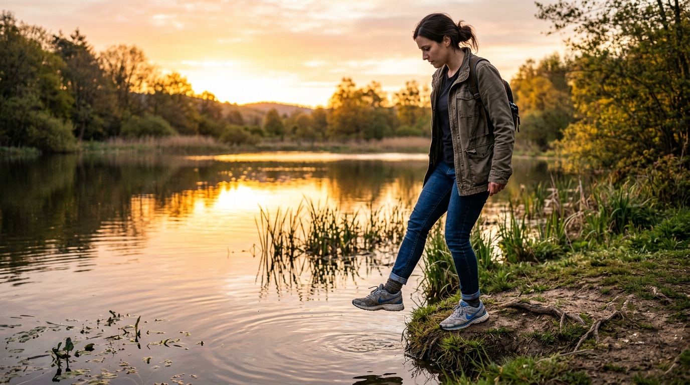A woman about to jump into a pond at sunrise, symbolizing the leap into reinvention. A woman about to jump into a pond at sunrise, symbolizing the leap into reinvention.