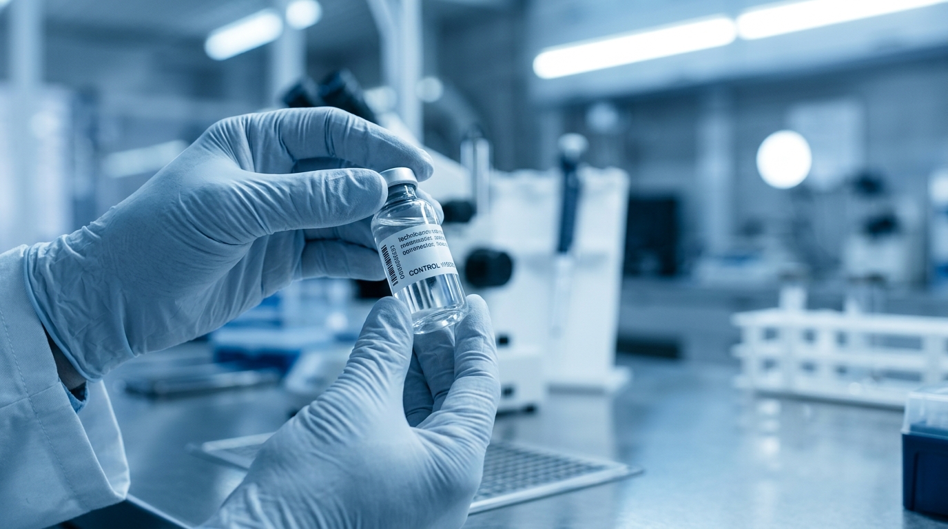 scientist holding vial of myostatin inhibitor drug apitegromab in laboratory scientist holding vial of myostatin inhibitor drug apitegromab in laboratory