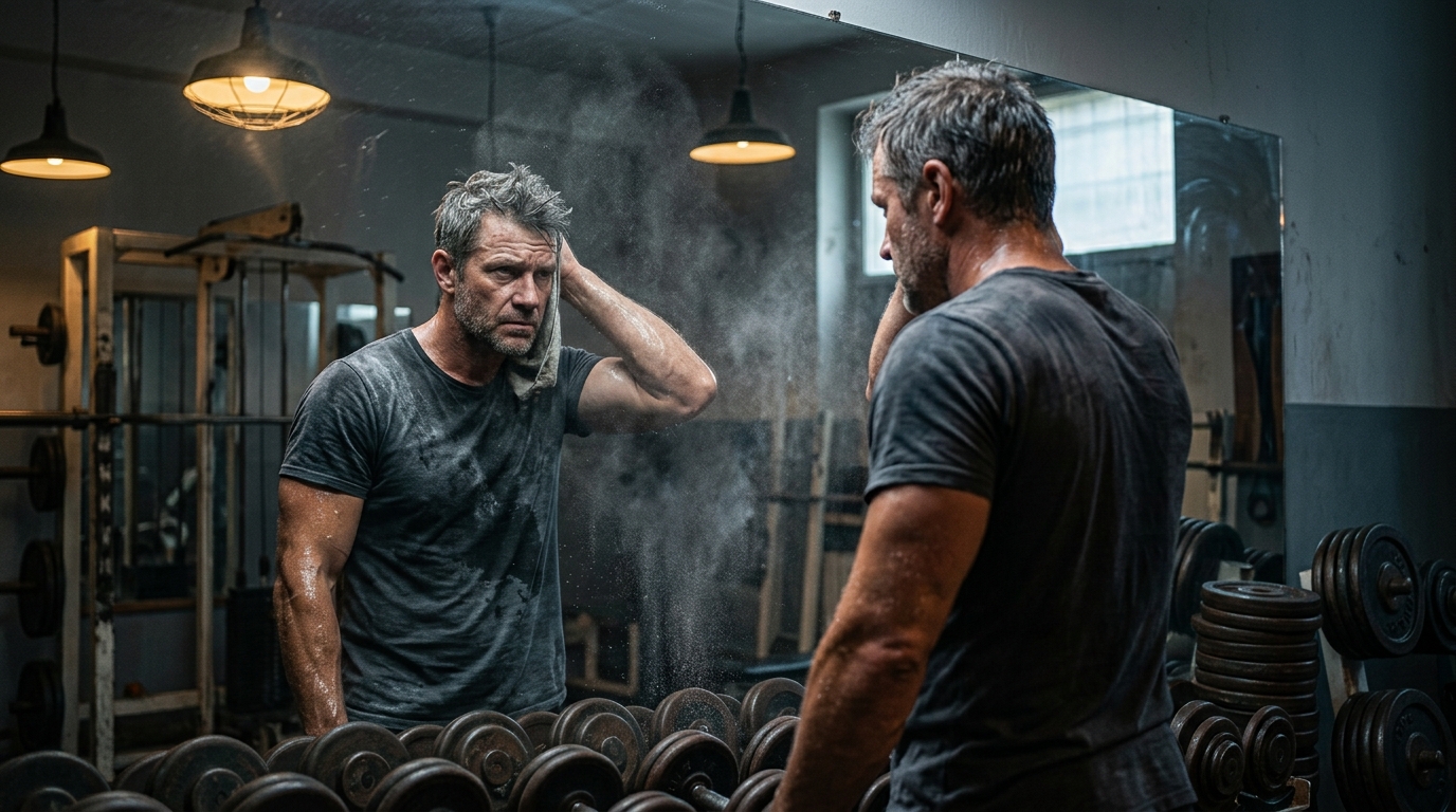 man in gym frustrated with muscle growth progress looking in mirror man in gym frustrated with muscle growth progress looking in mirror