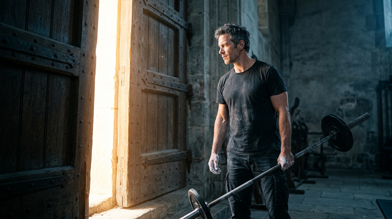 man holding barbell standing before opening door representing future of muscle growth drugs man holding barbell standing before opening door representing future of muscle growth drugs