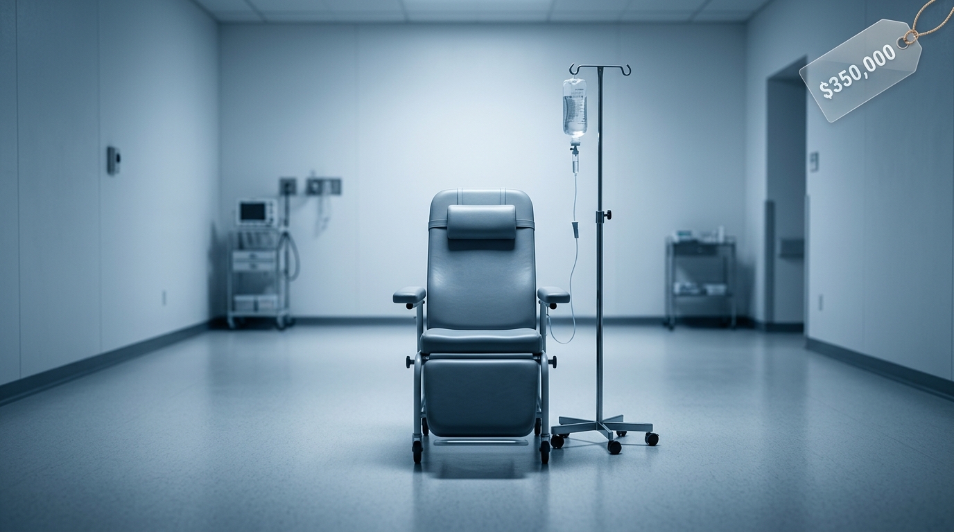 hospital infusion chair representing high cost and inconvenience of apitegromab myostatin inhibitor hospital infusion chair representing high cost and inconvenience of apitegromab myostatin inhibitor