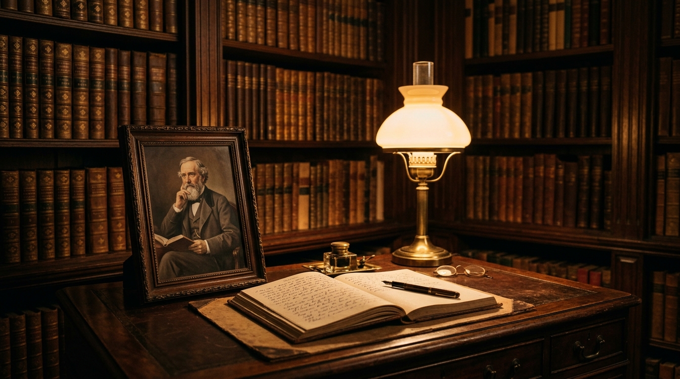 A warm study with books, a journal, and a portrait, representing the wisdom of self-actualized teachers. A warm study with books, a journal, and a portrait, representing the wisdom of self-actualized teachers.