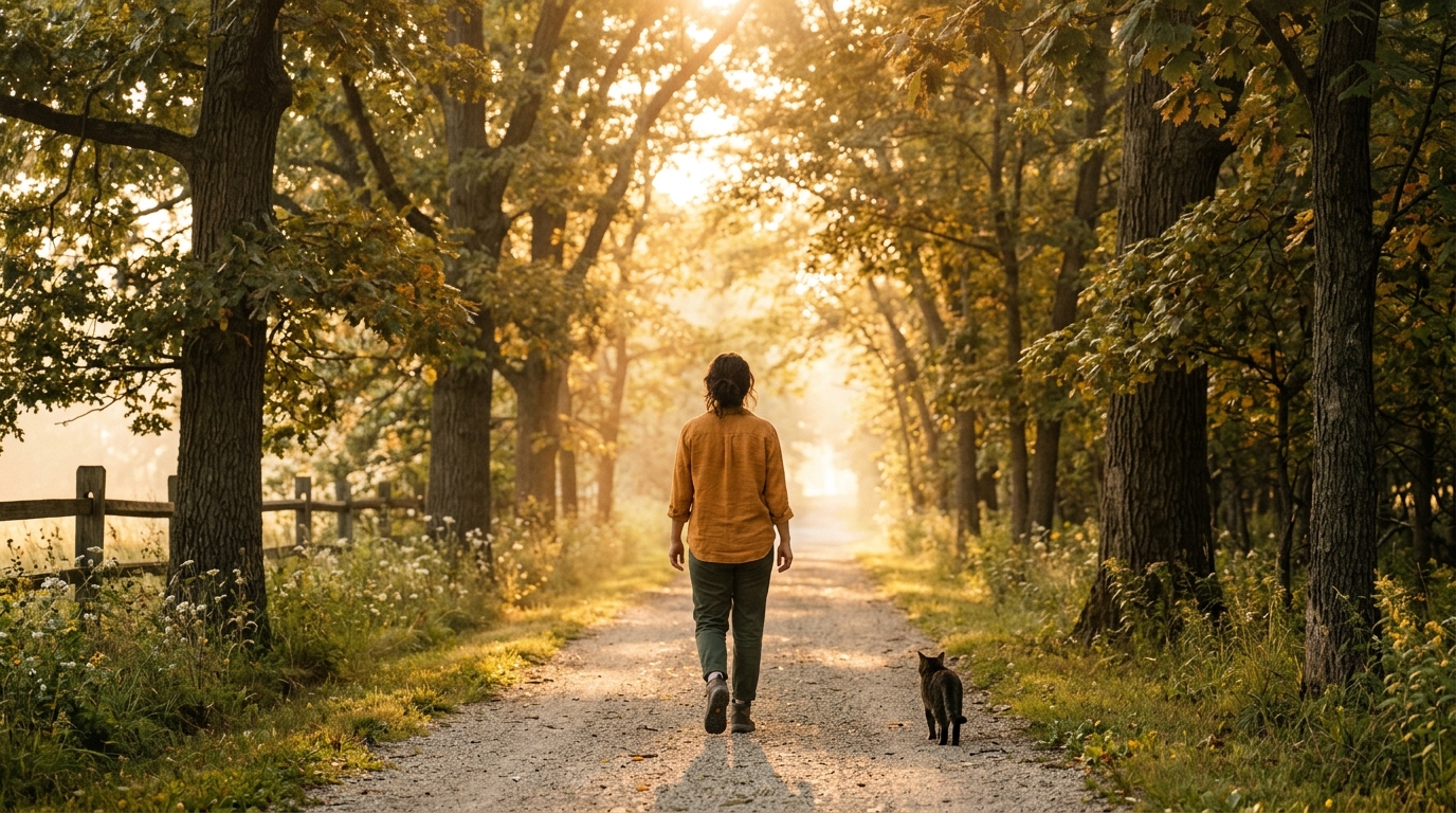 A person walking confidently on a sunlit path with a cat following, symbolizing happiness chasing you. A person walking confidently on a sunlit path with a cat following, symbolizing happiness chasing you.