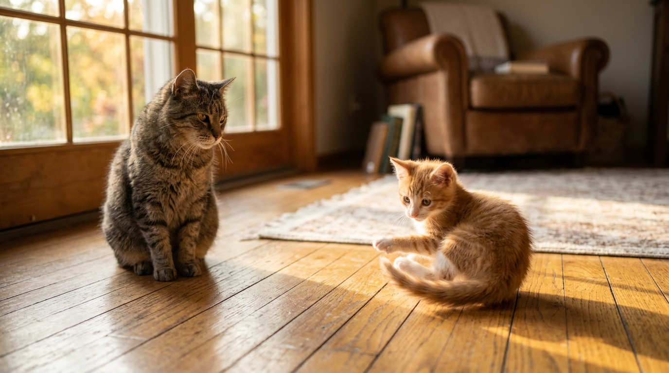 A kitten chasing its tail while an old alley cat watches calmly, illustrating the fable of happiness following you. A kitten chasing its tail while an old alley cat watches calmly, illustrating the fable of happiness following you.