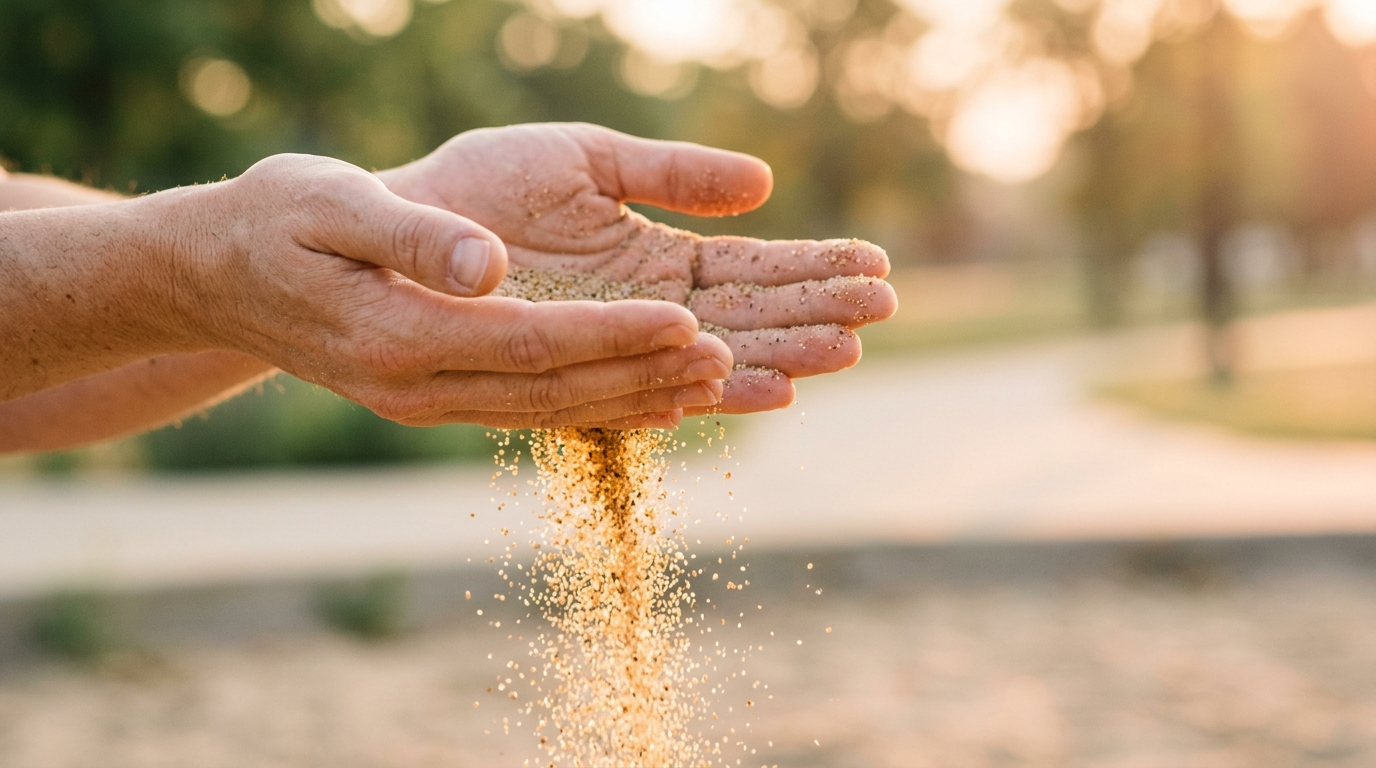 Open hands releasing sand in golden morning light, symbolizing letting go of outcomes. Open hands releasing sand in golden morning light, symbolizing letting go of outcomes.