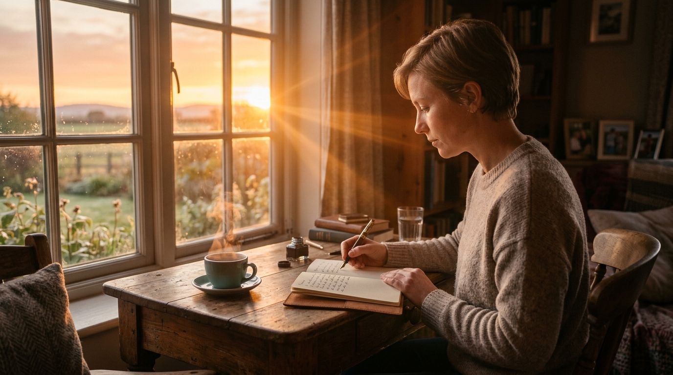 Person journaling at sunrise in theta state ready to contemplate their future Person journaling at sunrise in theta state ready to contemplate their future