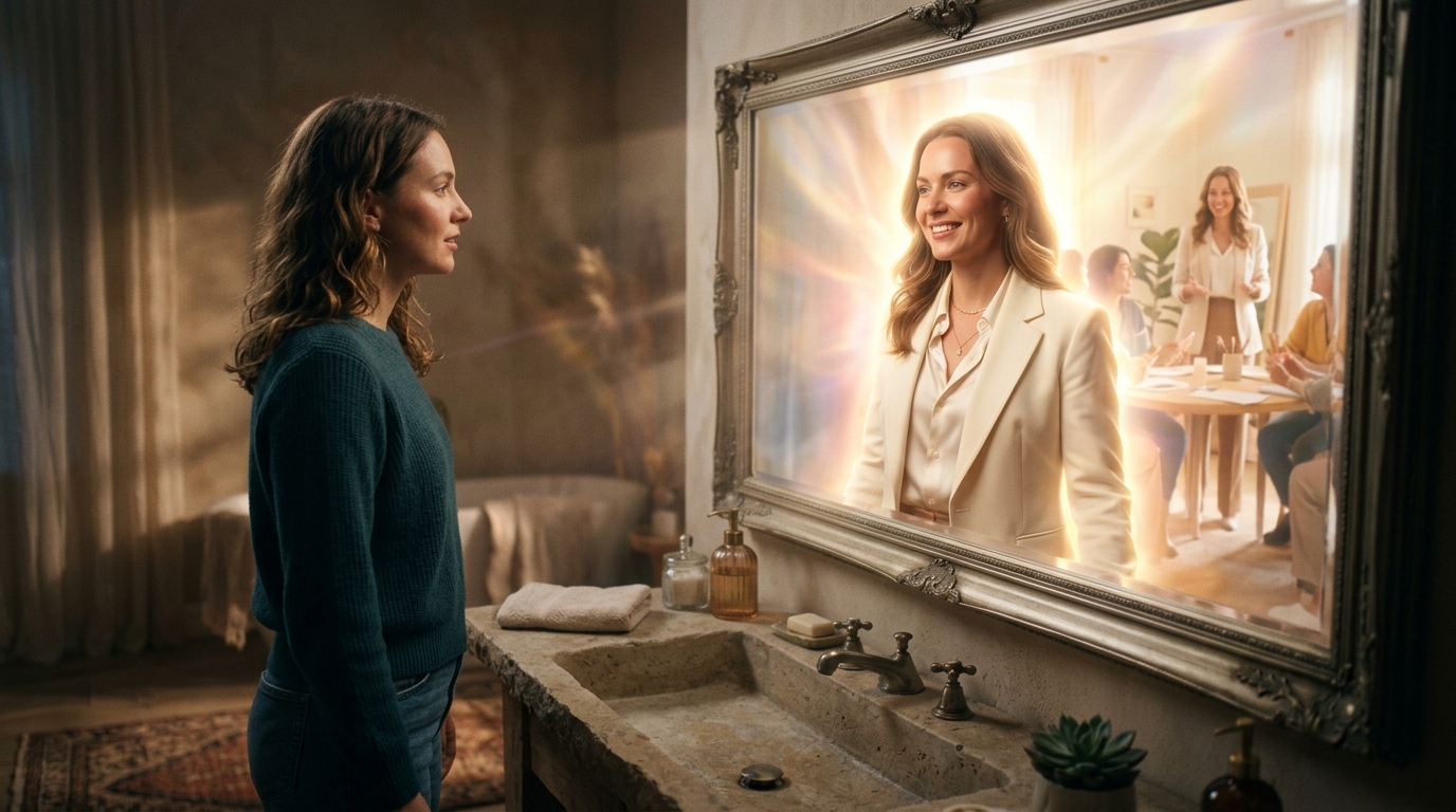Person looking in mirror and seeing their future self already manifested Person looking in mirror and seeing their future self already manifested