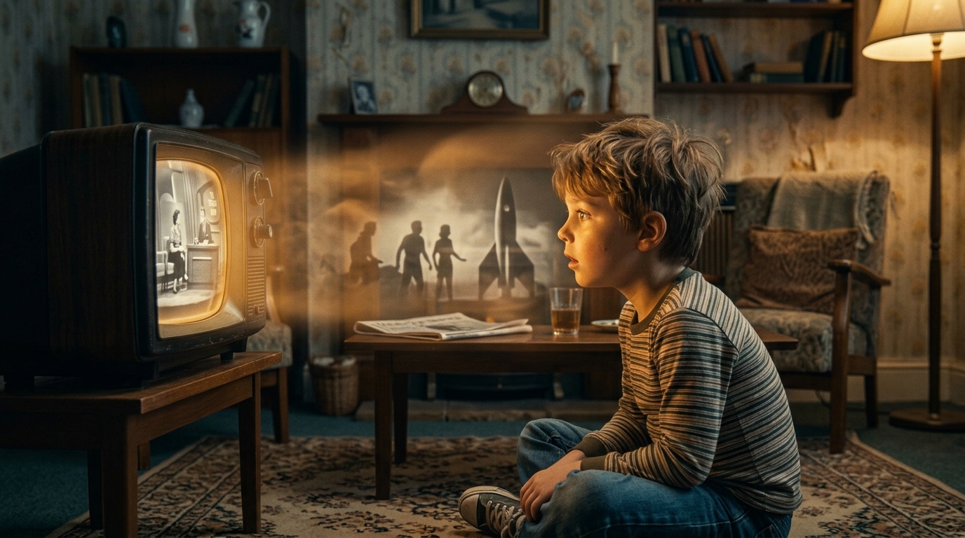 Young boy watching television and imagining his future self on screen Young boy watching television and imagining his future self on screen