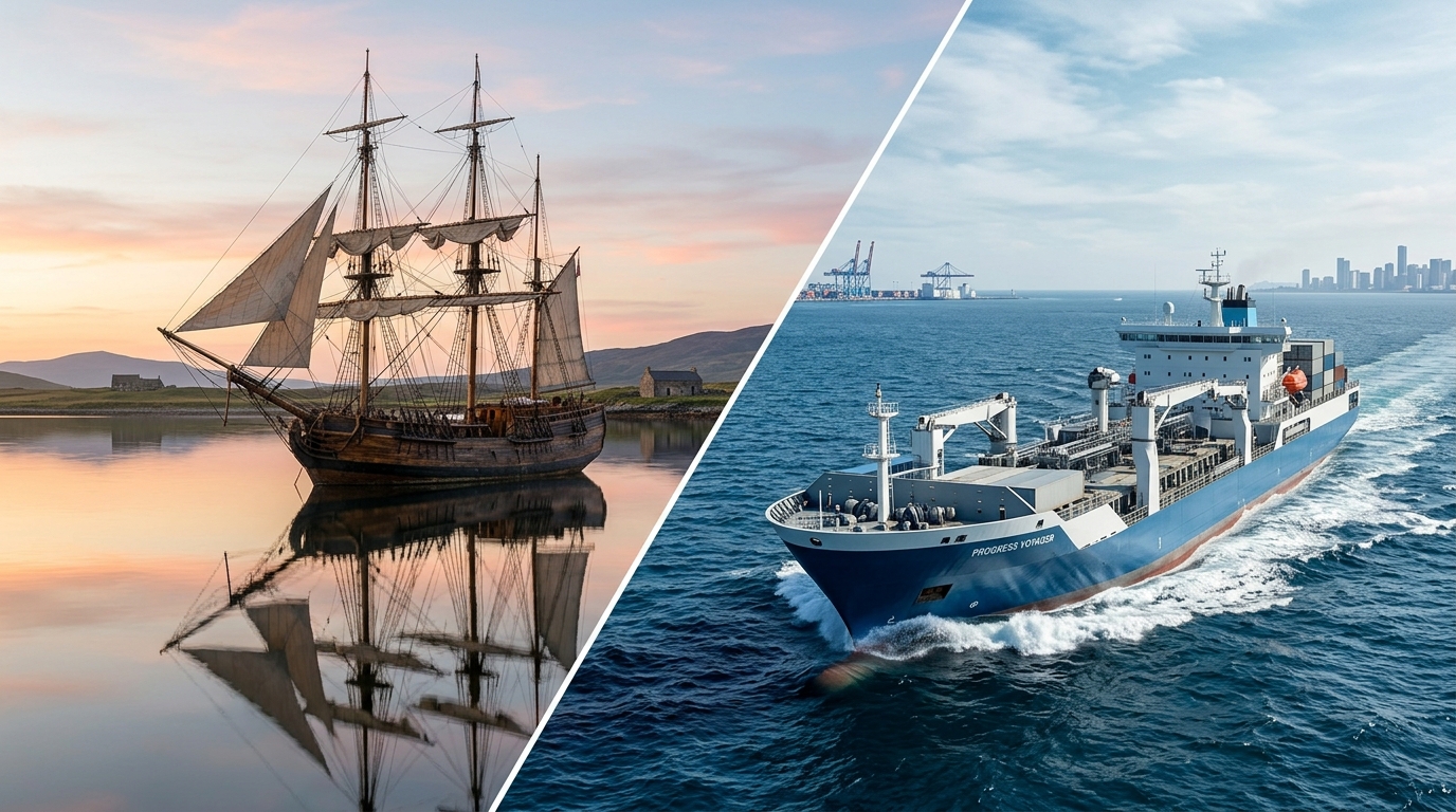 Wooden ship and steel ship floating together representing breakthrough thinking Wooden ship and steel ship floating together representing breakthrough thinking