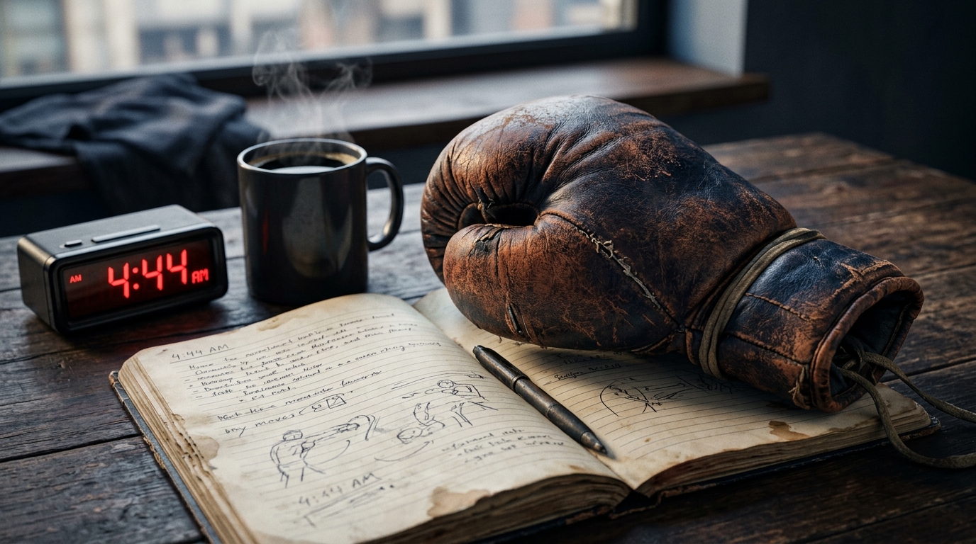 Boxing glove beside an open notebook and coffee at dawn, representing the morning decision to take ownership.