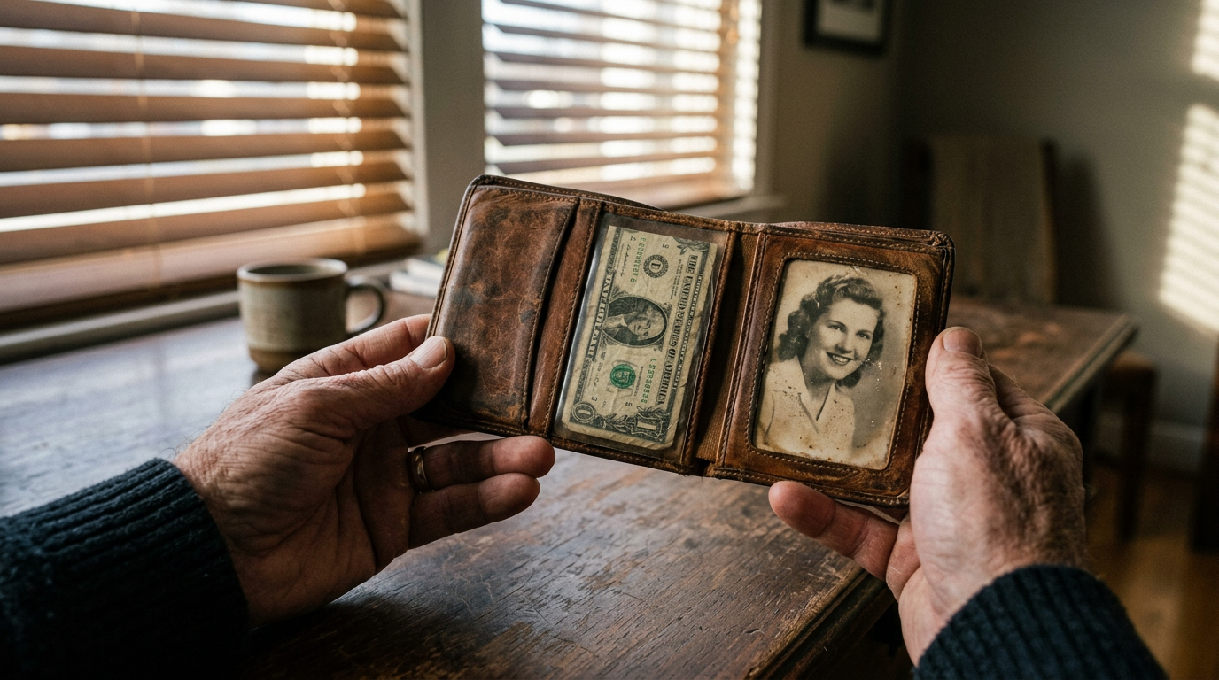Open wallet with a single dollar and a faded photo—a reminder that nobody owes you anything.