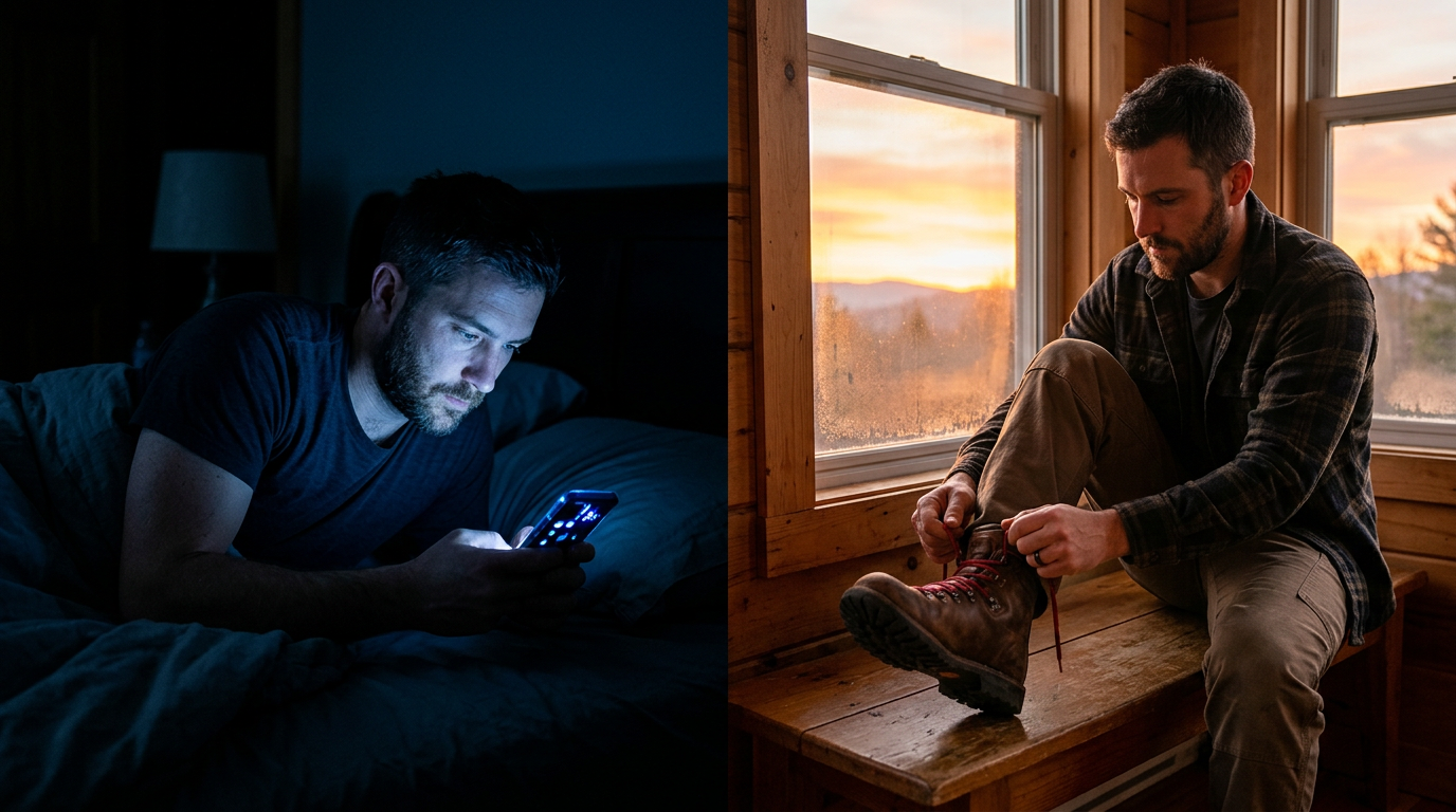 The contrast between scrolling in the dark and taking action at sunrise.