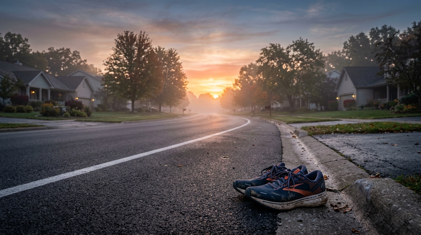 Lone running shoes at the edge of a misty suburban road at sunrise—the starting line for a new morning mindset, road stretching toward the glowing horizon.