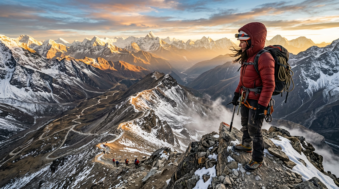  A climber at the summit looking down at others studying the route—staying on top takes more than getting there.