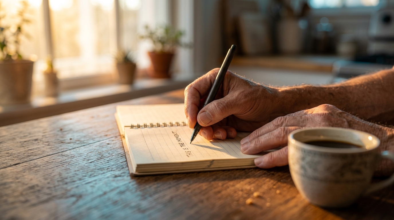 Hands writing the first sentence in a morning journal at a sunlit table — the next good decision. Hands writing the first sentence in a morning journal at a sunlit table — the next good decision.