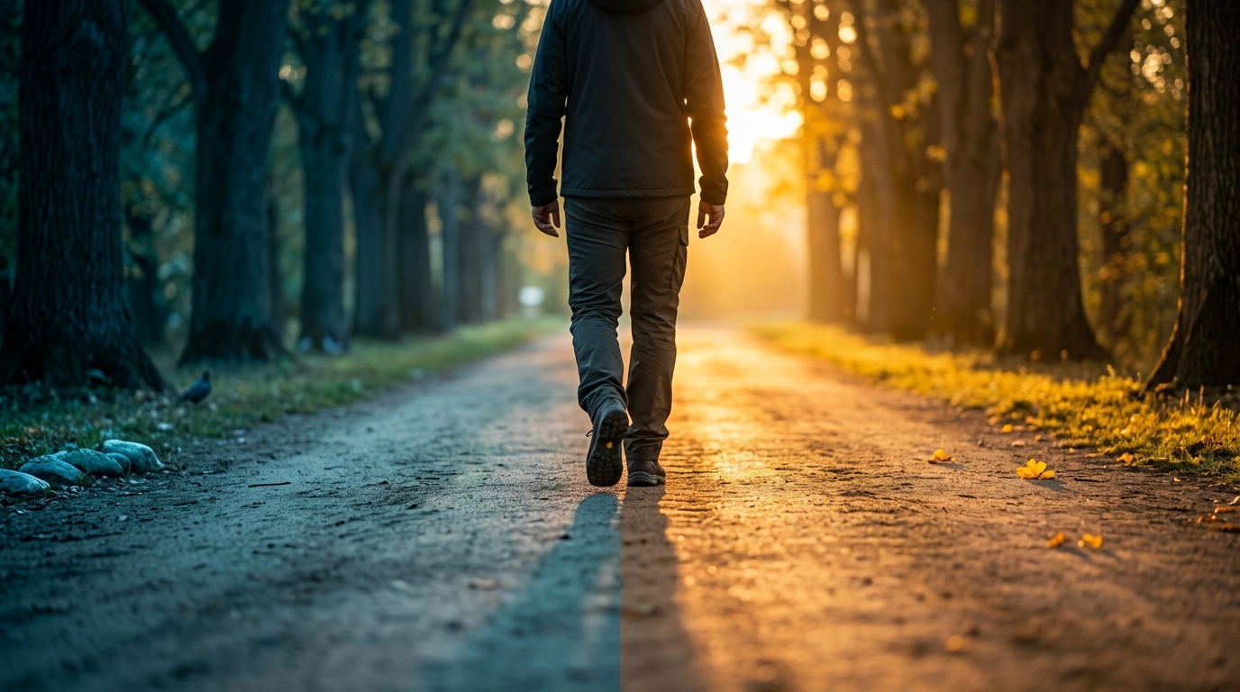 Person walking a sunlit path one step at a time — small decisions compounding into a changed life. Person walking a sunlit path one step at a time — small decisions compounding into a changed life.