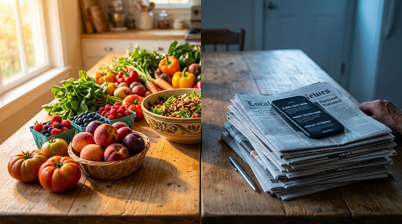 Fresh whole food next to a pile of negative news headlines — your mental diet matters as much as your physical one. Fresh whole food next to a pile of negative news headlines — your mental diet matters as much as your physical one.