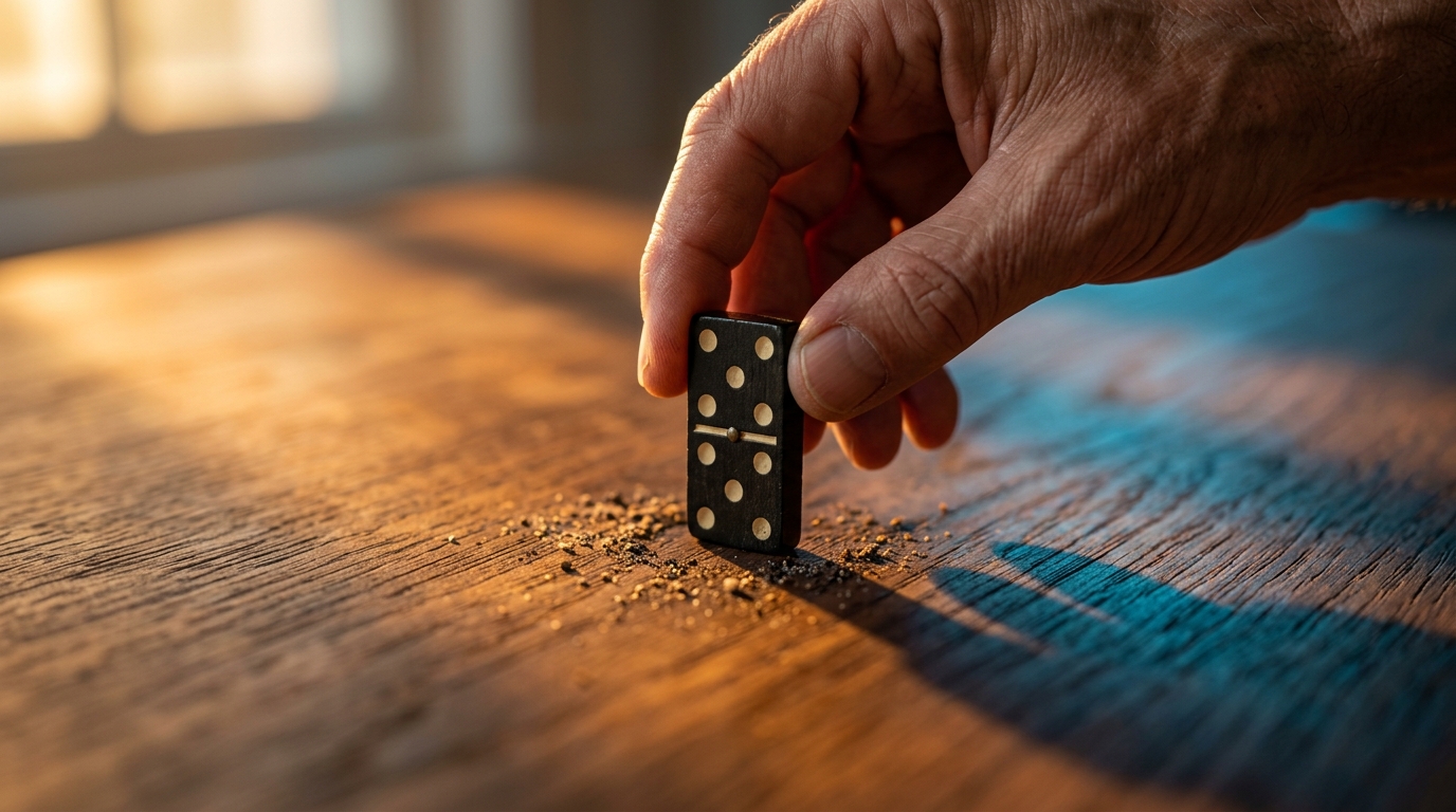 Hand setting a single domino in a row at golden hour — the power of the next small decision. Hand setting a single domino in a row at golden hour — the power of the next small decision.
