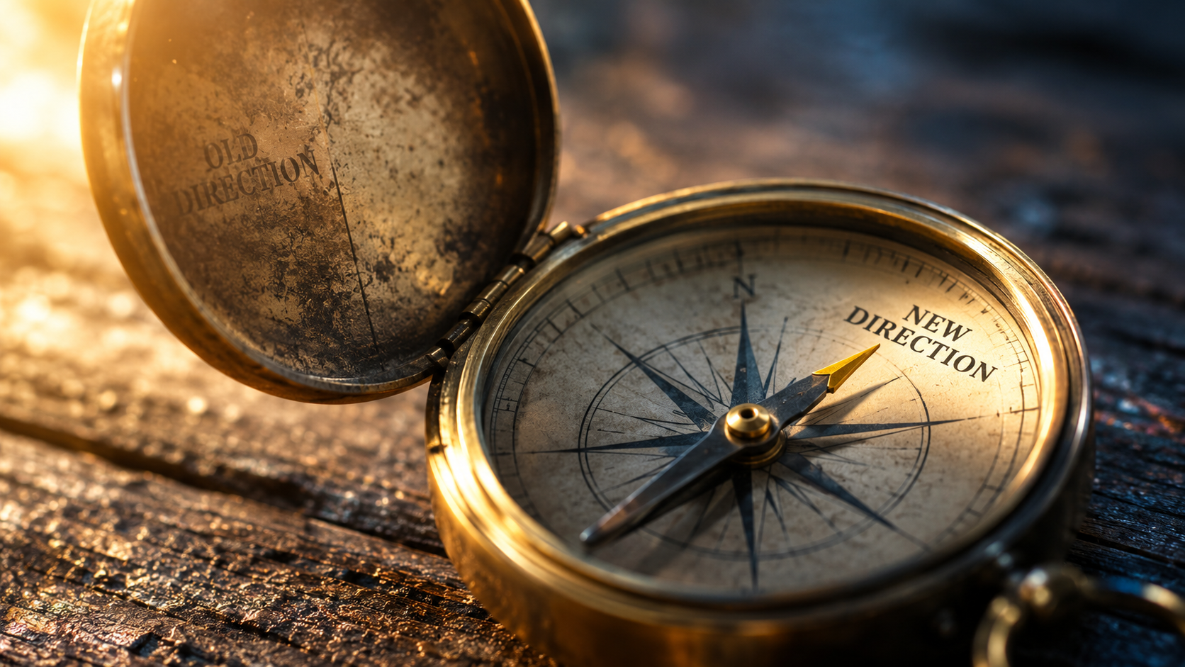 Brass compass etched with 'OLD DIRECTION' and 'NEW DIRECTION,' needle pointing to the new direction — one small decision changes where you're headed. Brass compass etched with 'OLD DIRECTION' and 'NEW DIRECTION,' needle pointing to the new direction — one small decision changes where you're headed.